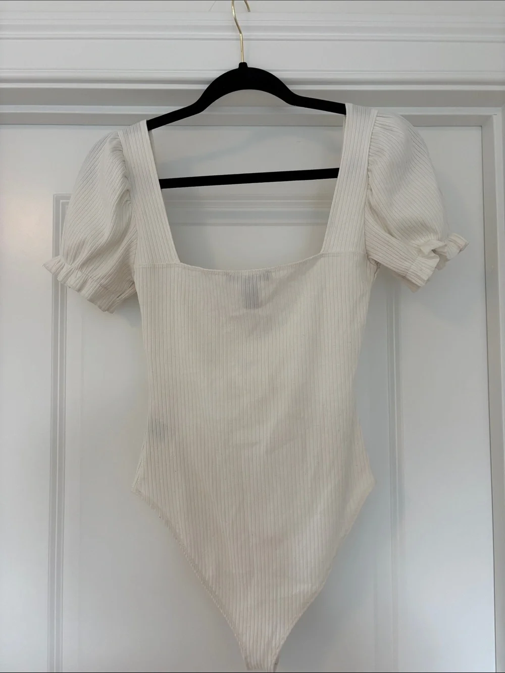 Forever 21 Off-White Ribbed Square Neck Bodysuit with Puff Sleeves - Picture 6 of 8